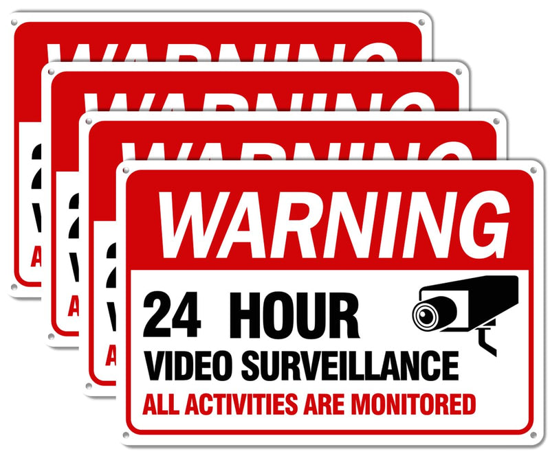 Video Surveillance Sign, 4-Pack 12"x 8" Security Camera Sign, Reflective and Waterproof Material 24 Hour Surveillance Sign For Home/Business sing-02-Red 4 Packs