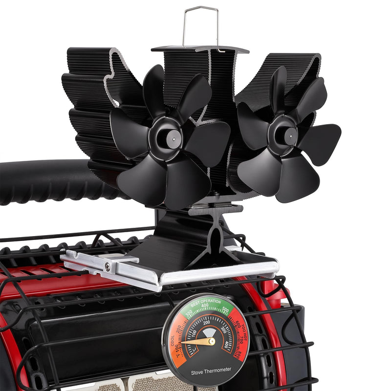 XTIMES 12 Blade Wood Stove Fan Dual Motor Heat Powered Fireplace Fan with Magnetic Thermometer Thermoelectric Fan for Wood Burning Stove/Pellet/Log Burner (Black) black