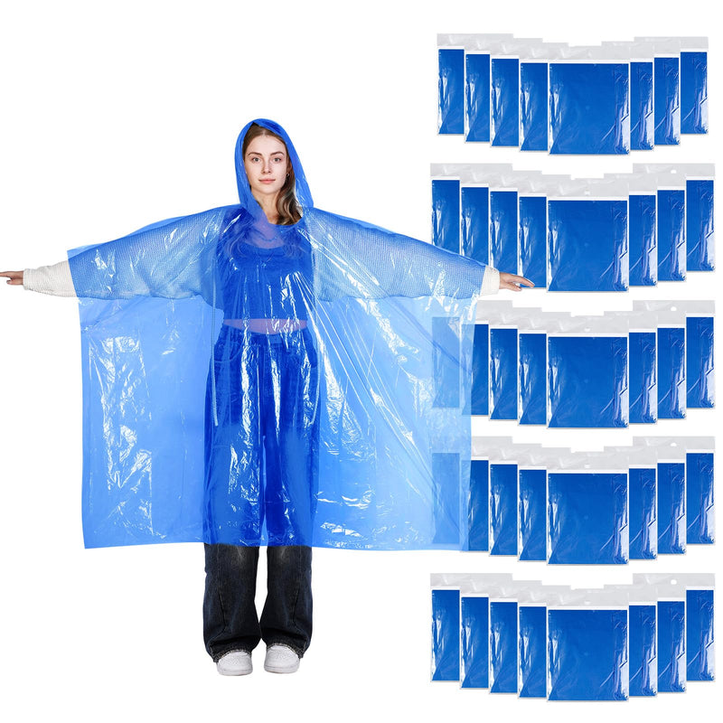 Berlune 40 Pcs Disposable Rain Ponchos Bulk for Adults Emergency Disposable Ponchos Family Pack with Hood Waterproof Raincoat Blue