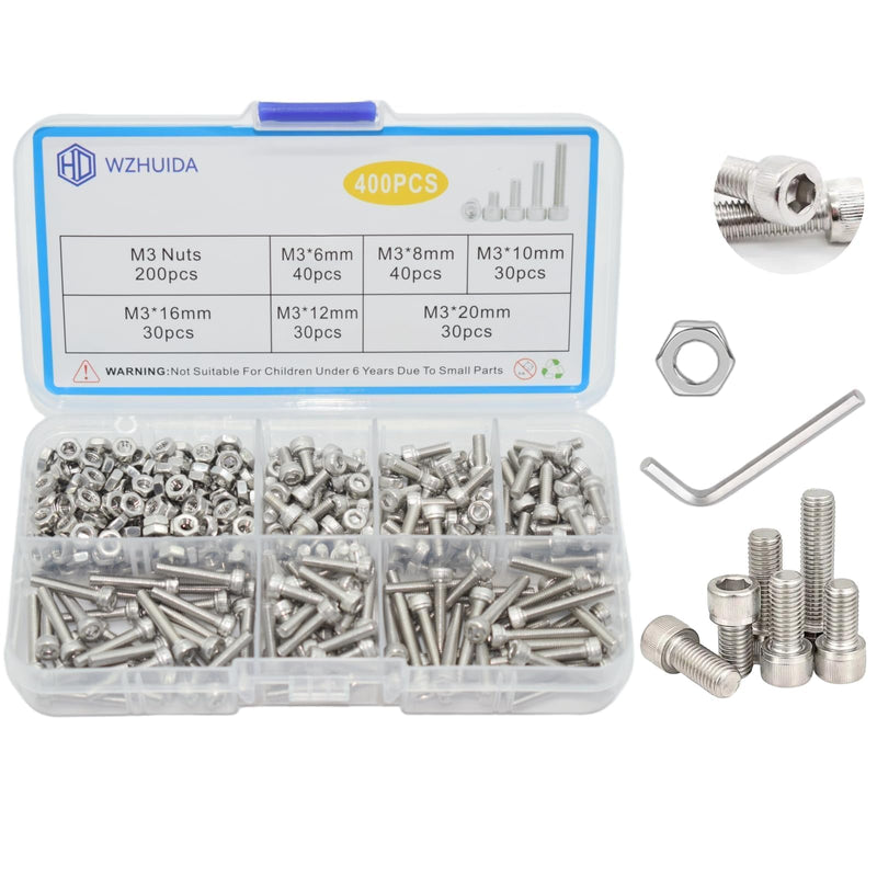 400 Pcs M3 Screw Assortment, Metric Hex Socket Head Cap Bolts, M3*6mm/8mm/10mm/12mm/16mm/20mm Screws and Nuts, Stainless Metric Bolts Nuts Washers Kit with 1 Hex Allen Wrench M3 400Pcs 6mm-20mm