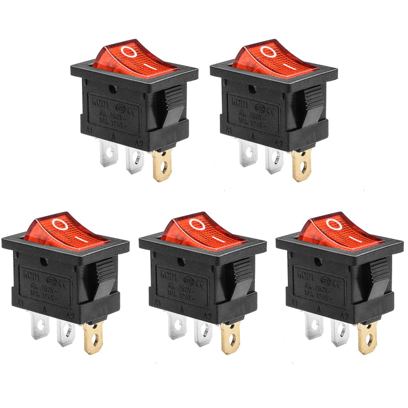 QTEATAK KCD1 SPST On/Off 3-Pin 2-Position Snap DC 12V-24V 20A Red LED Boat Rocker Toggle Switch - 5Pack (Only for DC12-24V)