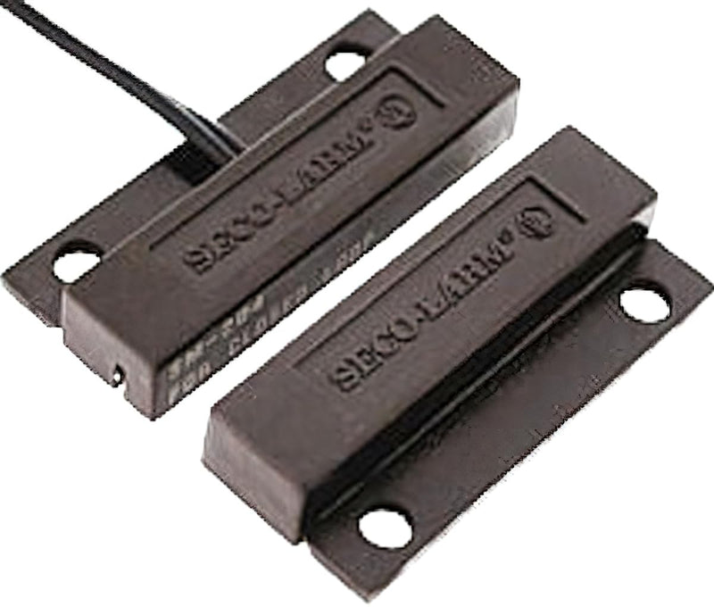 Seco-Larm SM-204Q/BR Miniature Surface-Mount Magnetic Contact, Brown; 1" Gap; Screw or Adhesive Mount; Weatherproof ABS Plastic Case; 15" Leadsextend from Center of Switch