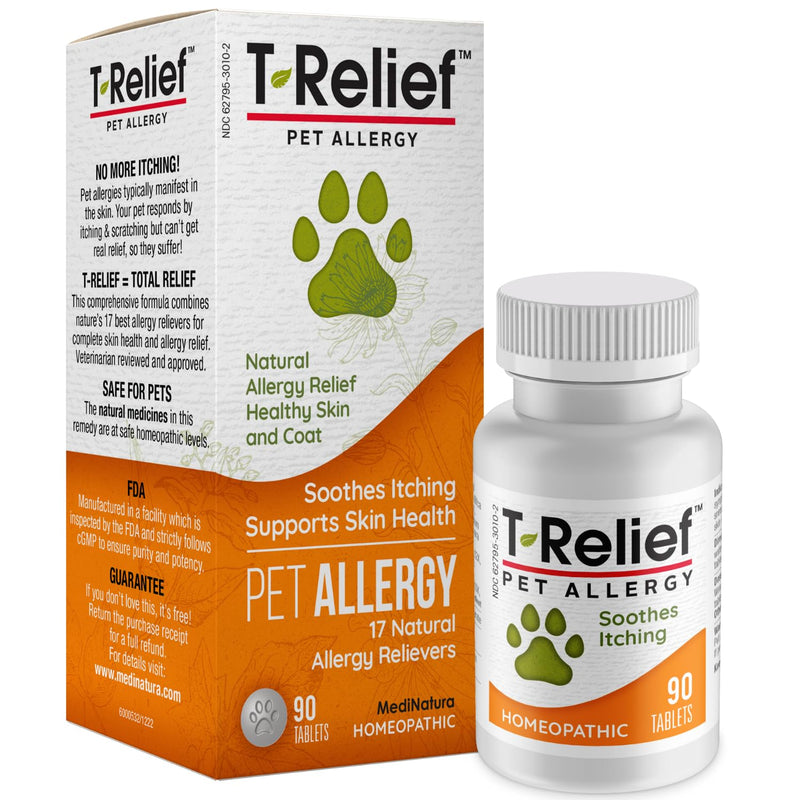 T-Relief Pet Allergy Support for Dogs & Cats Itchy Relief Supports Healthy Skin & Coat Natural Medicine Helps Soothe Hot Spot Itching Paws Licking Runny Nose Sneezing Watery Eyes - 90 Tablets - PawsPlanet Australia