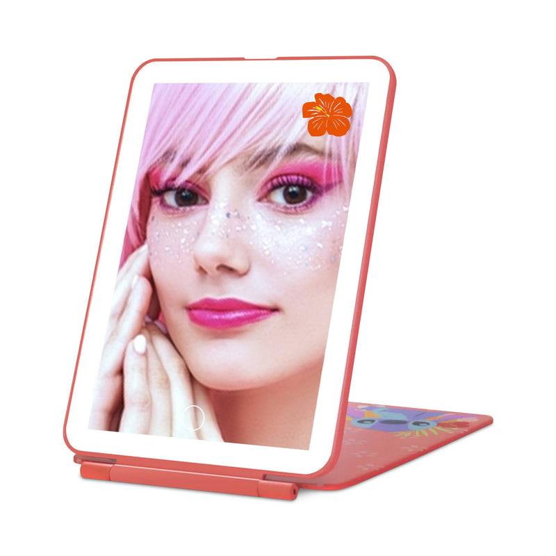 Impressions Vanity Disney Stitch TouchPad Mini LED Makeup Mirror for Purse, Ultra Slim Travel Mirror with Tri Tone Lights, Flip Cover, Adjustable Brightness, and Touch Screen Switch (Coral) Coral