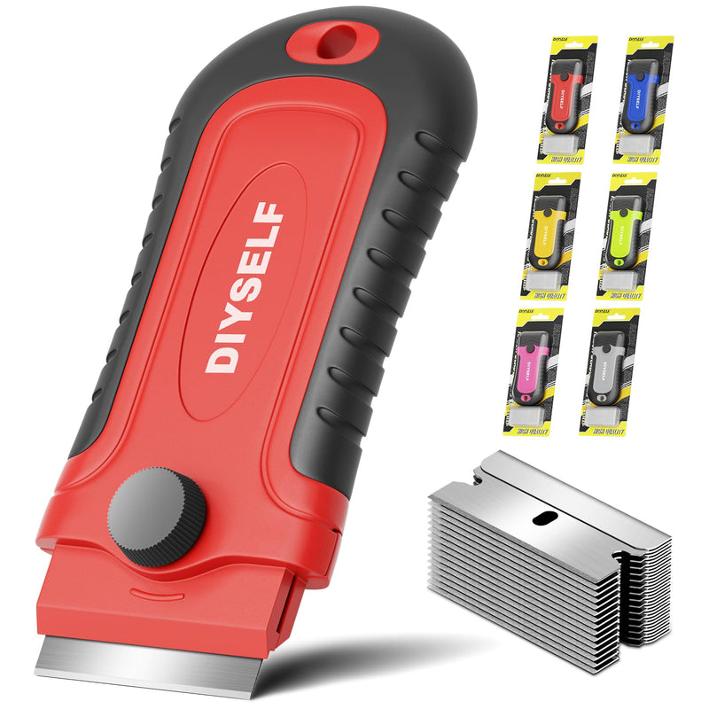 DIYSELF 1 Pack Razor Blade Scraper with 15 Extra Blades, Scraper Tool for Cleaning Window, Paint, Cooktop, Oven, Glass Stove Top Scraper, Razor Scraper with Buit-In Blade Storage Red