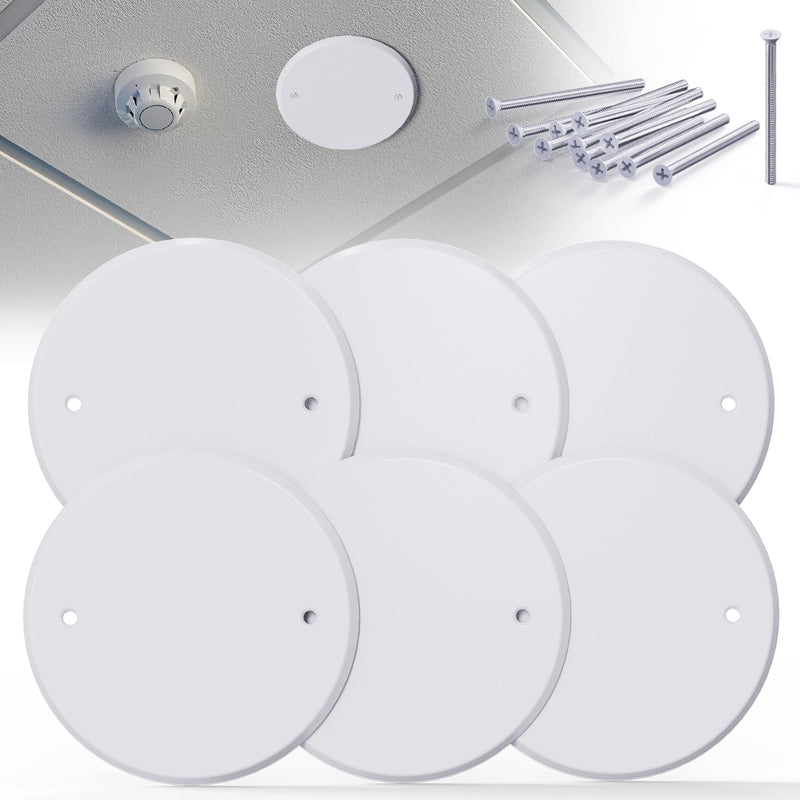 Ceiling Cover Plate，5 inch Round Outlet Covers Plate For 4 inch Electrical Box, Metal Blank Cleanout Cover Plate for Smoke Detector,Wall Light Hole, Hole spacing 3.5 inch-White(6-Pack) 5-inch-For 4 inch Electrical Box