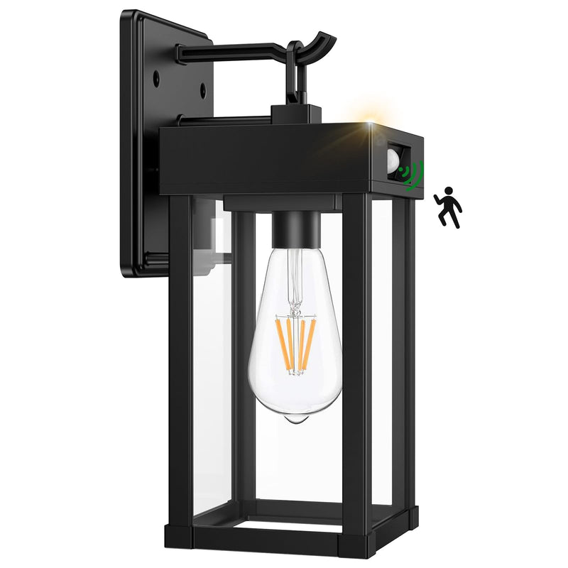 Auzev Outdoor Solar Wall Lights Fixtures Exterior Solar Lantern Lights With Clear Panel, Motion Sensor 3Lighting Modes Modern Sconce Waterproof Outside Lamp for House Garage (Black-1P) Black-1Pack