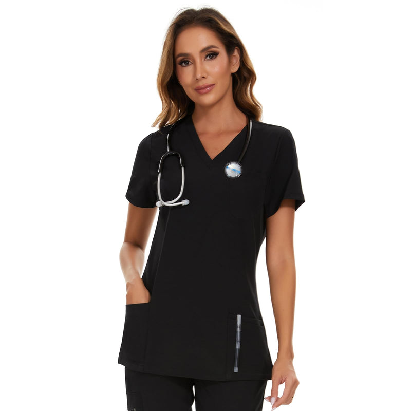 COZYFIT Scrub Tops for Woman - Soft Stretch, V-Neck Top Scrubs with 3 Pockets, Easy Care for Women Black Large
