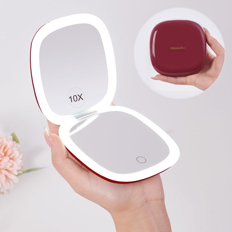 Mocado Compact LED Travel Makeup Mirror - 4 Inches 1X/10X Magnification Travel Mirror with Light Dimmable Double Sides Lighted USB Rechargeable Compact Mirror for Purse,Pocket,Travel(Wine Red) Wine Red
