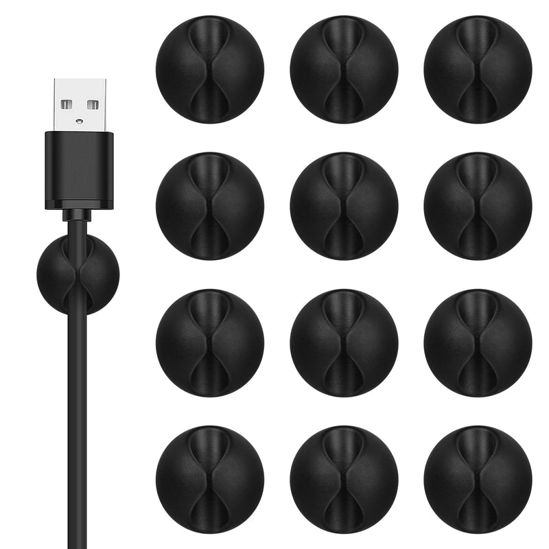Cord Holder Cable Clips, 12PCS Black Adhesive Cord Organizer Charger Holder Wire Management Keeper for Nightstand, Desk, Office or Mouse