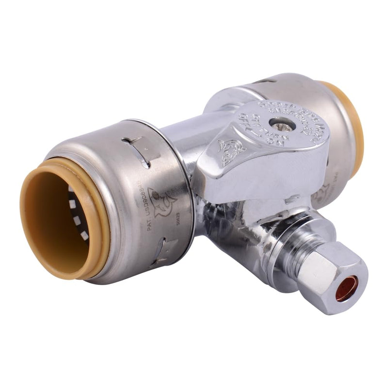 SharkBite Max 3/4 x 3/4 x 1/4 Inch Compression Tee Stop Valve, Push to Connect Brass Plumbing Fitting, PEX Pipe, Copper, CPVC, PE-RT, HDPE, UR24985A SharkBite Max 3/4 in. x 3/4 in. x 1/4 in.