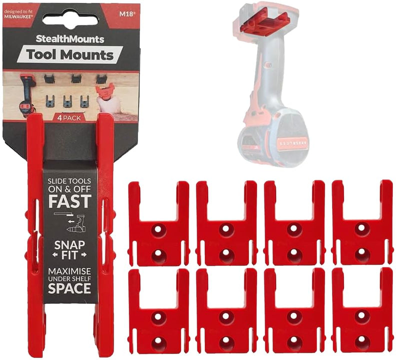 StealthMounts Tool Holder Compatible with Milwaukee M18 (8 Pack) - Red | StealthMounts Locking Tool Mounts | Made in the UK