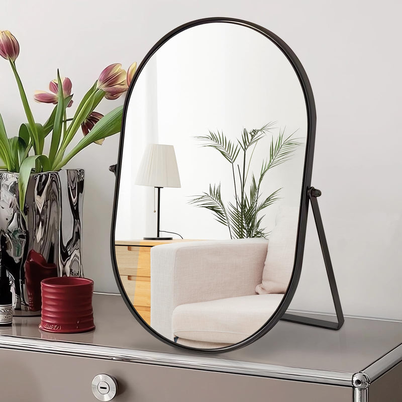 Makeup Mirror Portable Vanity Tabletop Mirrors with Metal Frame Desk Table Mirror with 90°Adjust Rotate Good for Bedroom Bathroom Dressing Room 12"L x 10"W Oval-black