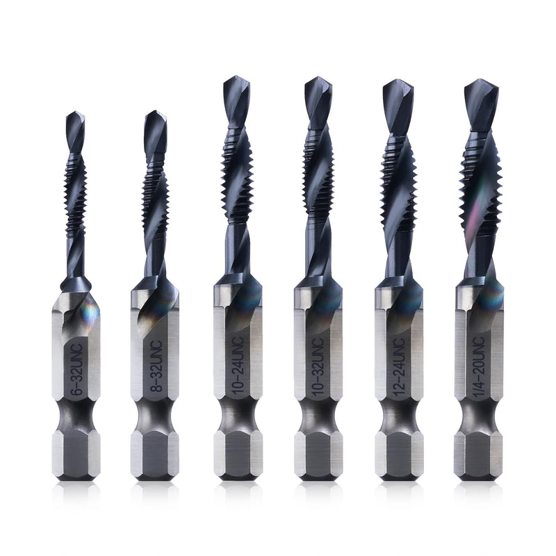 Kraftek SAE(6-32NC - 1/4-20NC) 6pcs Combination Drill and Tap Bit Set, Ultra TiAlN Coating M2 Drill Tap Set for One-Step Drilling, Tapping, and Deburring SAE Set (6pcs)