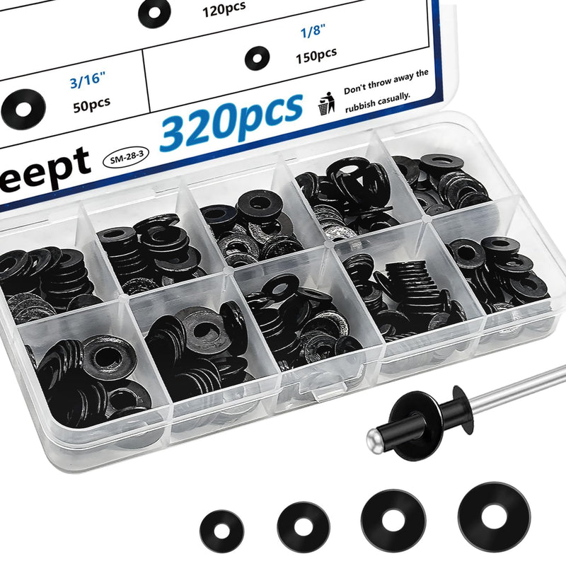 320Pcs Black Pop Rivet washers Assortment kit for Pop Rivets Diameter 1/8inch,5/32inch,3/16inch 304 Stainless Steel pop Rivet Washer Aluminum pop Rivet washers Blind Rivet Washer 1/8+5/32+3/16inch