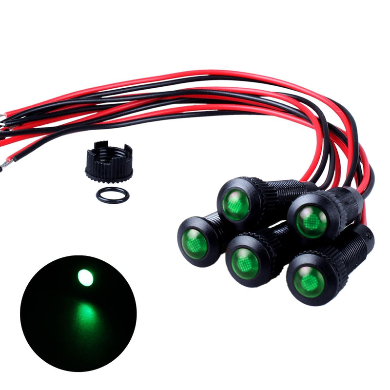 5pcs 8mm LED Indicator Light Plastic Black Signal Dot Lamp 12V-24V 5/16" Mounting Hole Size with 15cm/5.9in. Wire (Green LED) Green 8mm 12-24V