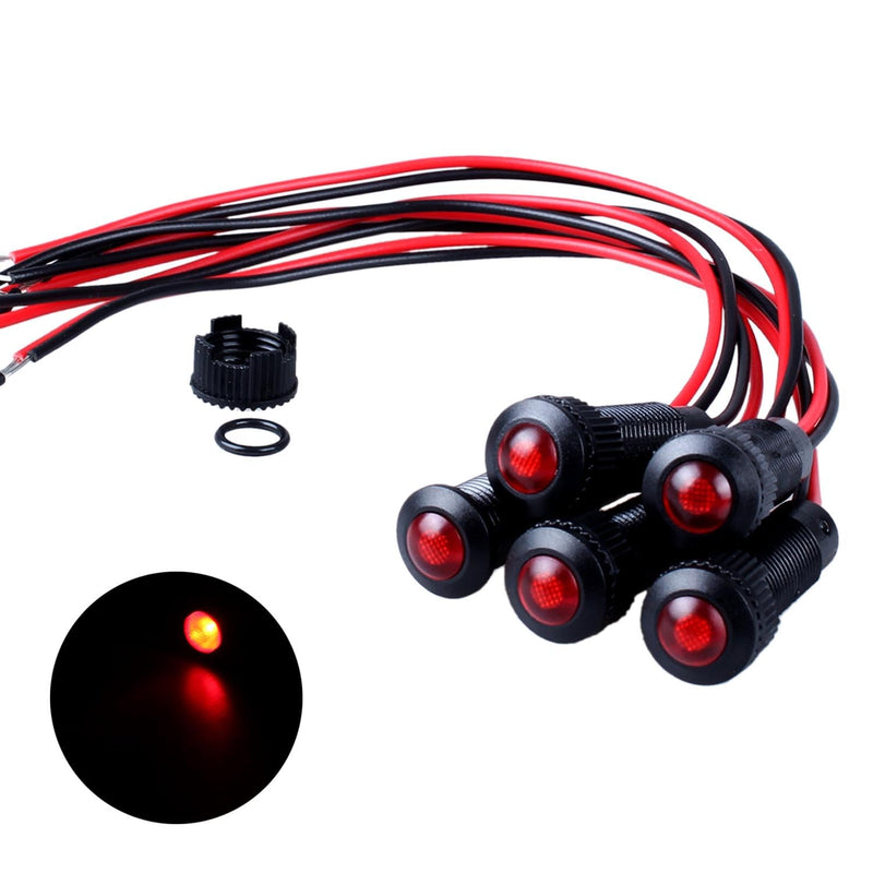 5pcs 8mm LED Indicator Light Plastic Black Signal Dot Lamp 110-220V AC 5/16" Mounting Hole Size with 15cm/5.9in. Wire (Red LED) Red 8mm 110-220V