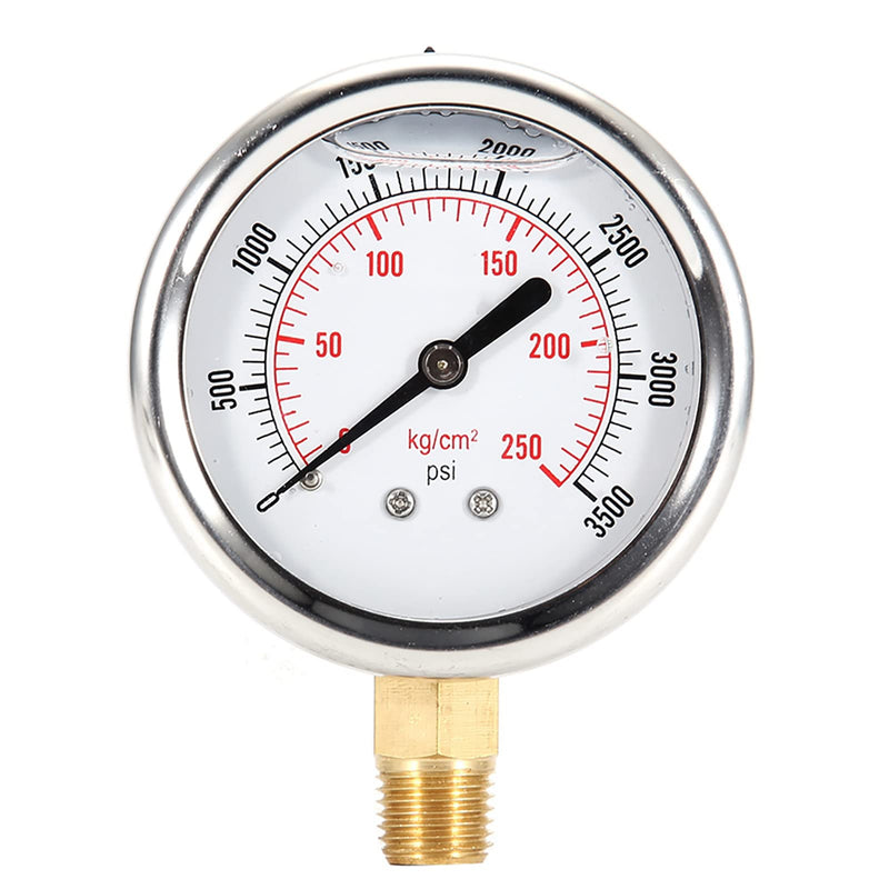 0-3500 PSI Liquid Filled Hydraulic Pressure Gauge Water Air Oil Gas Gauge | Stainless Steel Pressure Test for Water Pipe HVAC Silver