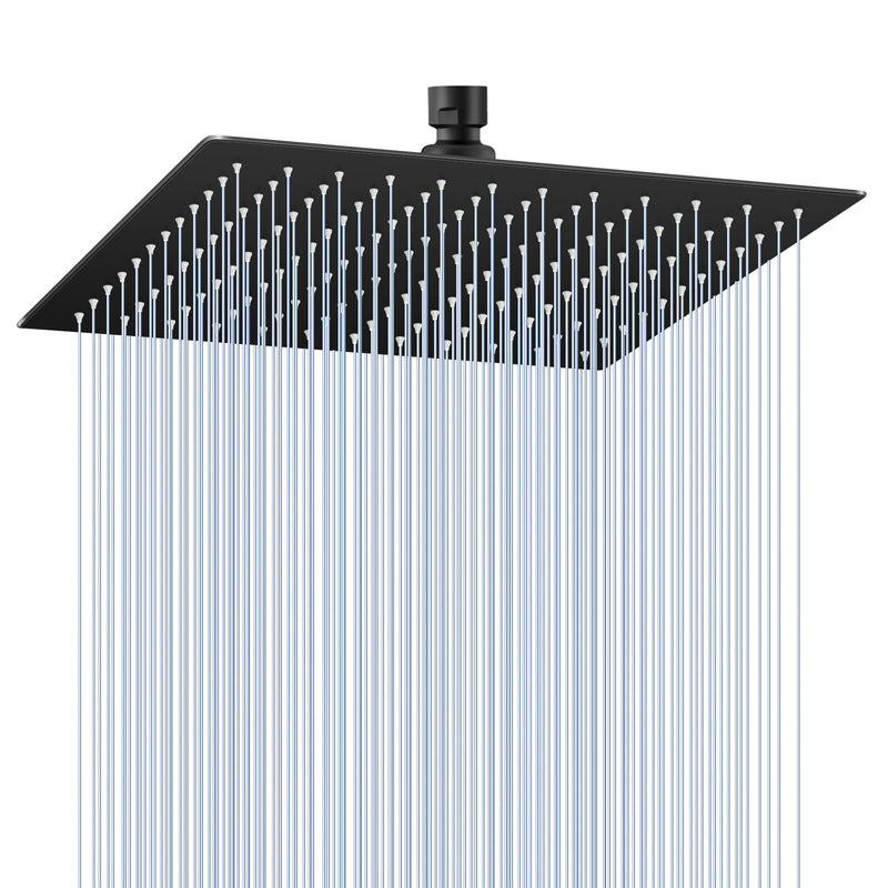 12 inch Matte Black Rain Shower Head - All Metal 304 Stainless Steel, Full Body Rainfall Shower with 144 Silicone Nozzles - Square Showerheads Ceiling or Wall Mount Modern Bathroom 12 Inch Square B-Matte Black