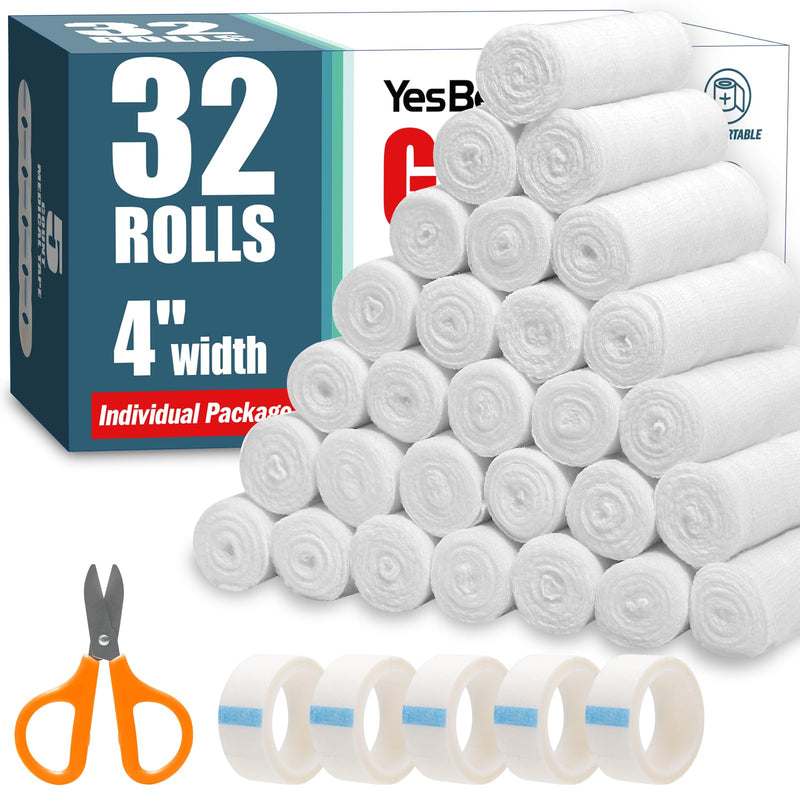 32 Pack Gauze Rolls, 4 in x 4.1 Yards, Premium Gauze Wrap Roll for Wounds, Bandage Wrap Rolled Gauze, Mummy Wraps, Individually Wrapped C-32p
