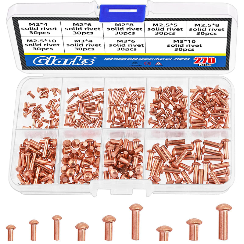 Glarks 270Pcs M2 M2.5 M3 Round Head Solid Rivets, 9 Size Metal Copper Solid Rivet Fasteners for Electrical Applications, Leather Working Supplies