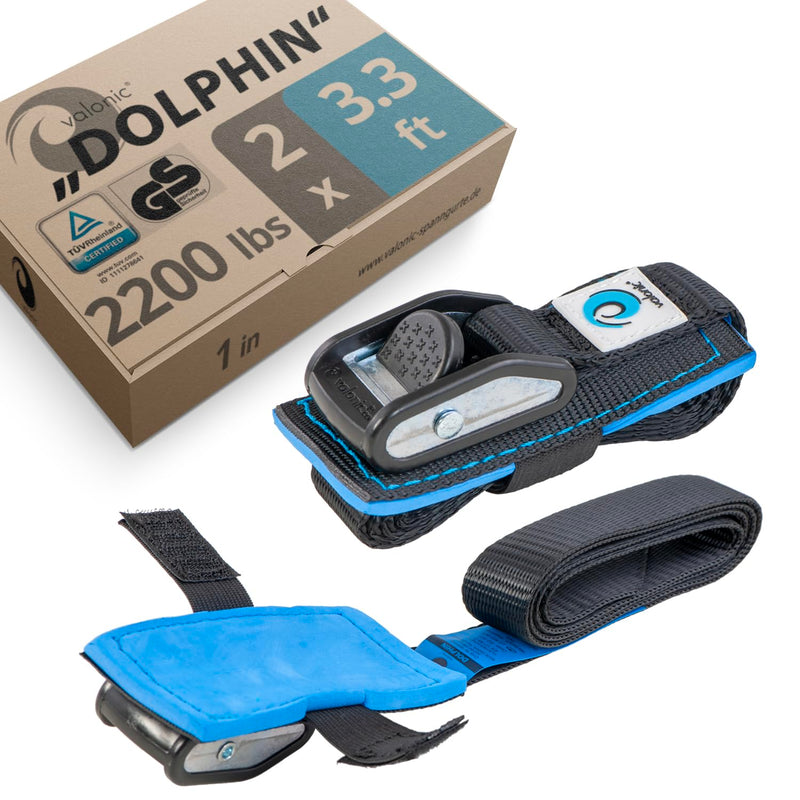 valonic Dolphin - Short tie Down Straps - 2 Pack, 3.3 ft x 1 inch, 2200 lbs, TÜV Rheinl. Certified, Protection pad, cam Buckle - for Bicycle, roof Rack, Luggage, Motorcycle