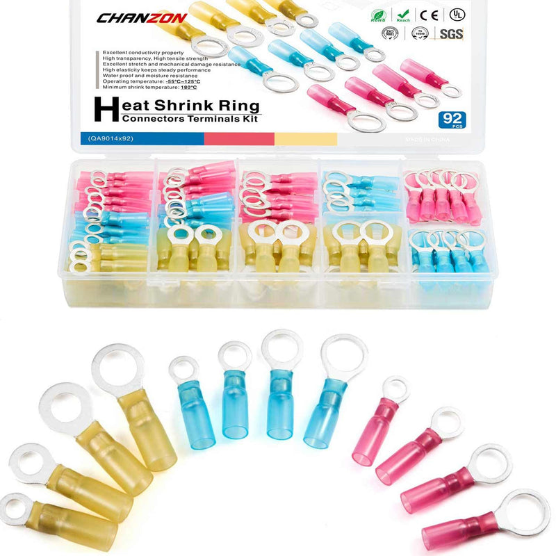 Chanzon Heat Shrink Ring Terminal 22-18, 16-14, 12-10AWG #10,1/4",5/16",3/8" Wire Connectors Kit Waterproof Marine Grade Adhesive Lined Gauge Electrical Crimp Assorted Boat Truck 1) 22-10AWG All Sizes Ring Connector