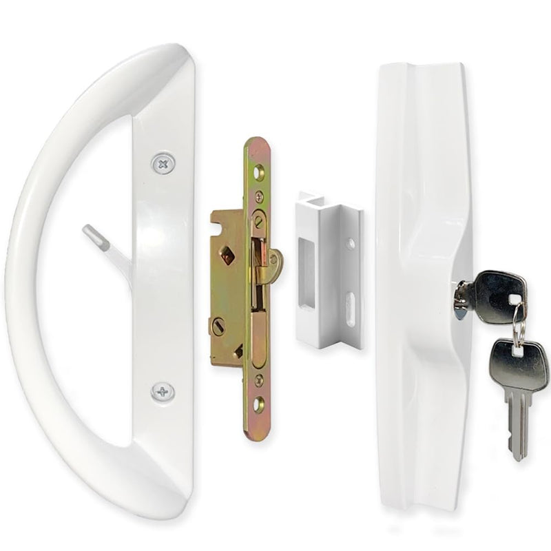 Patio Sliding Door Handle Set with Mortise Lock, Key Cylinder and Keeper, Replacement Handle Lock Set Fits Door Thickness from 1-1/2" to 1-3/4", 3-15/16" Screw Hole Spacing, Keyed, White with Key
