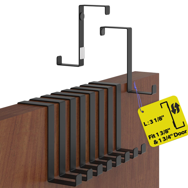Menz Over The Door Hooks 10 Pack, 2-Sided Fits 1 3/8" & 1 3/4" Coat Hanger, Black Towel Holder w/Anti-Scratch Pads, Wreath Hanger w/Removable Sticky Non-Slip Dots, Thin Enough for Doors to Close 10pack fits 1 3/8" to 1 3/4"