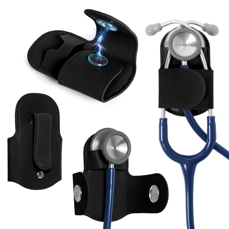 Magnetic Stethoscope Holder Clip - Magnetic Snap & Inner Pocket - Genuine Leather Stethoscope Waist Holder – Littman Stethoscope, Littman Cardiology – Gift for Nurses, Doctors & More Black