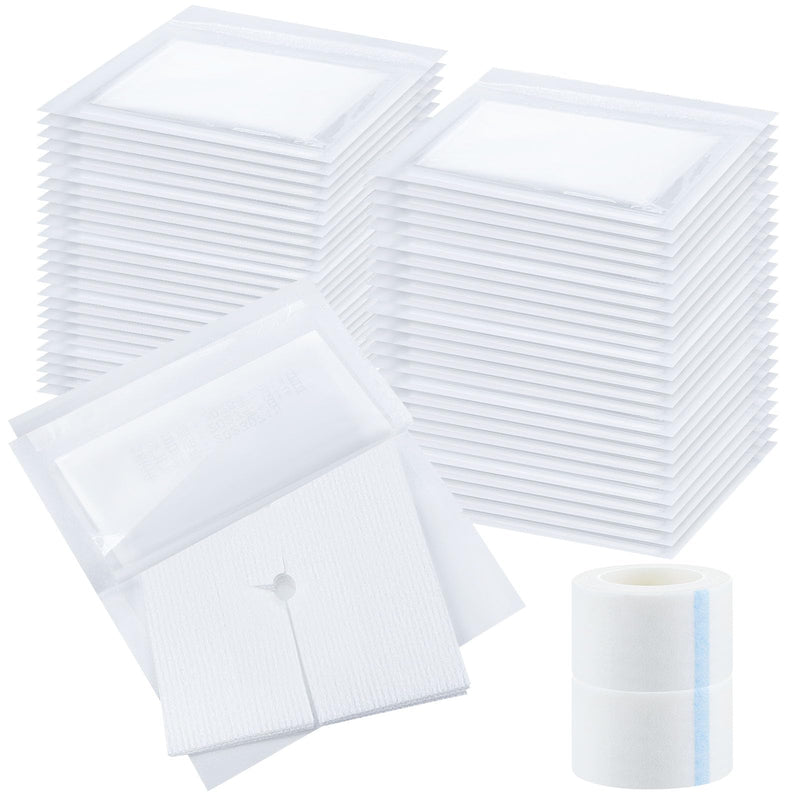 Timgle 200 Pcs 2" x 2" Split Gauze Pads 6 Ply Split Drain Sponge Gauze Non Woven Slit Bandage Split Gauze Sponges with 2 Roll of Tape for Wound Care Tubes Drains Supplies 2" x 2"