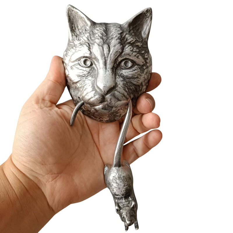Cat and Mouse Door Knocker, Solid Brass, 8.7 inches, Front Door Ornament (Antique Silver) Antique Silver