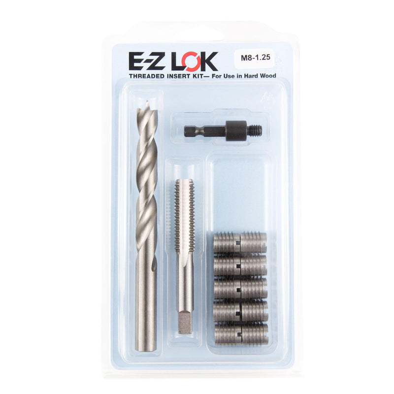 E-Z LOK Threaded Insert Installation Repair Tool Kit for Hard Wood - Includes Stainless Steel Thread Inserts, Drill, Tap, and Drive-Tool M8-1.25 (EZ-T400-M8-CR)