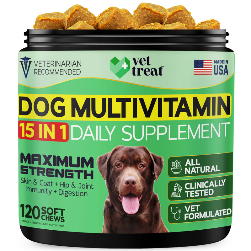 Dog Multivitamin Chewable with Glucosamine -Made in USA- Puppy & Senior Supplement - 120 Treats - Dog Vitamins and Supplements - Skin, Heart, Immunity, Hip & Joint Support + Salmon Oil + Probiotics - PawsPlanet Australia