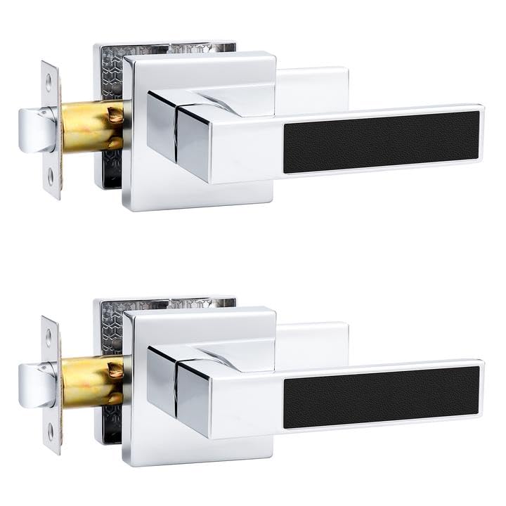 Probrico Heavy Duty Square Door Handle with Black Leather Hand Lever, Keyless Passage Interior Door Levers for Hallway or Closet, Polished Chrome, 2 Pack