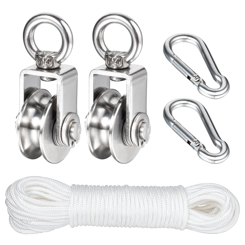 Stainless Steel Small Pulley M25, 20m Nylon Rope and 2pcs Clips for Outdoor DIY Pulley System, Bird Feeder, Sun Shade, Tent Poles, Kayak