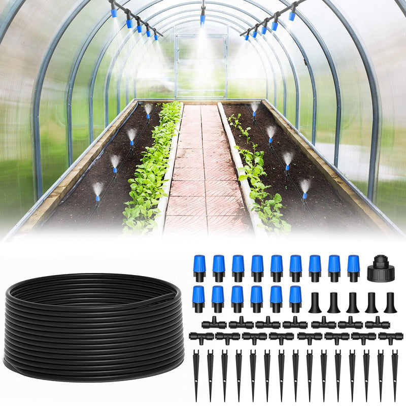 MIXC 65FT Greenhouse Watering System- Quick Efficient Connector Hanging Plant Watering System Automatic Mist Irrigation Kit with 1/4" Blank Tubing and Misting Nozzles 65FT(Updated)