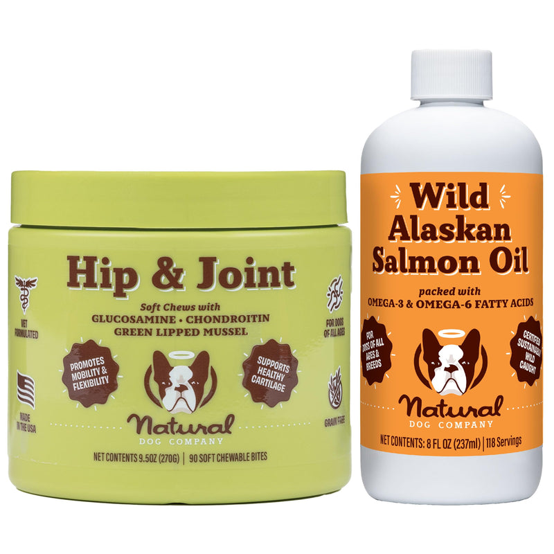 Natural Dog Company Healthy Joint Travel Bundle, includes (1) Hip and Joint Chews Supplement - 90 pcs glucosamine chondroitin for dogs, (1) Wild Alaskan Salmon Oil - 8 oz Salmon oil for dogs on the go - PawsPlanet Australia