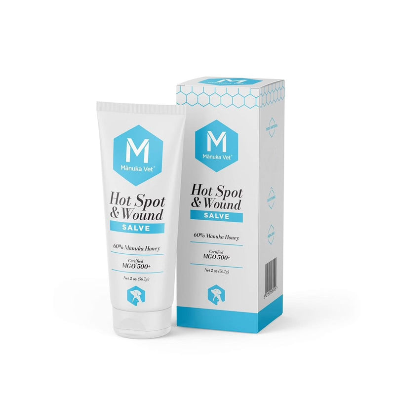 Manuka Vet Hot Spot and Wound Salve, 2oz, 500+ MGO Grade Manuka Honey, Rapid Healing & Skin Repair Treatment for Dogs, Horses and Other Animals, 2oz (56.7g) Tube - PawsPlanet Australia