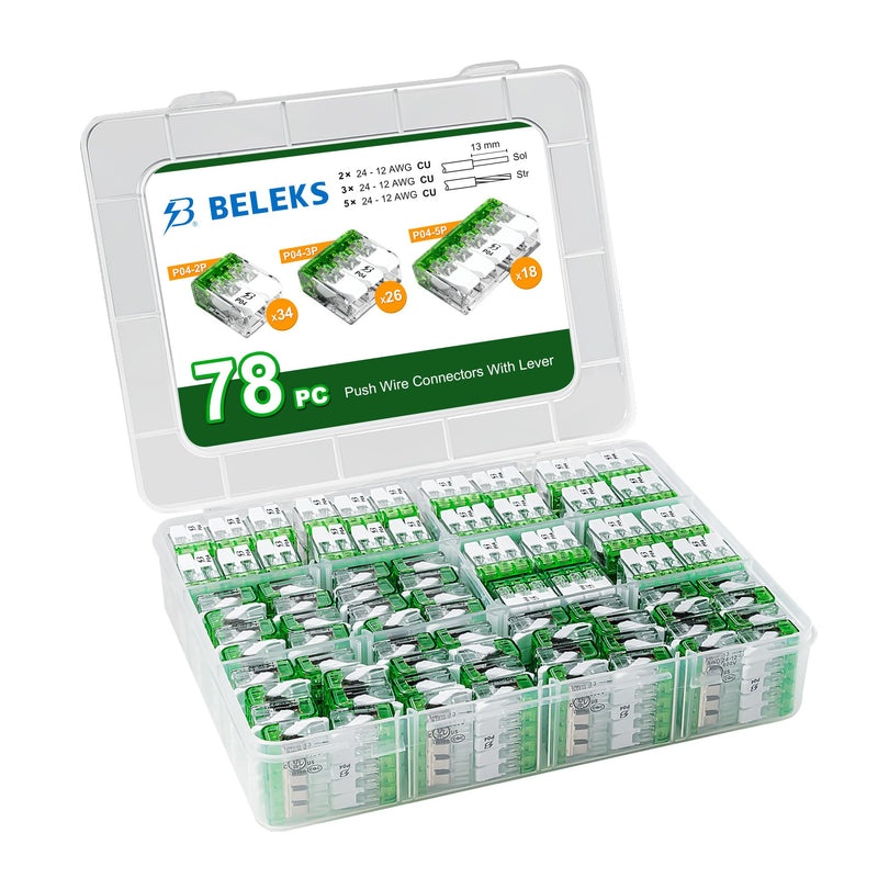Lever Nuts 78pc Compact Splicing Wire Connector Assortment with Case，Includes (34x) 2 Port, (26x) 3 Port, (18x) 5 Port， AWG 12-24