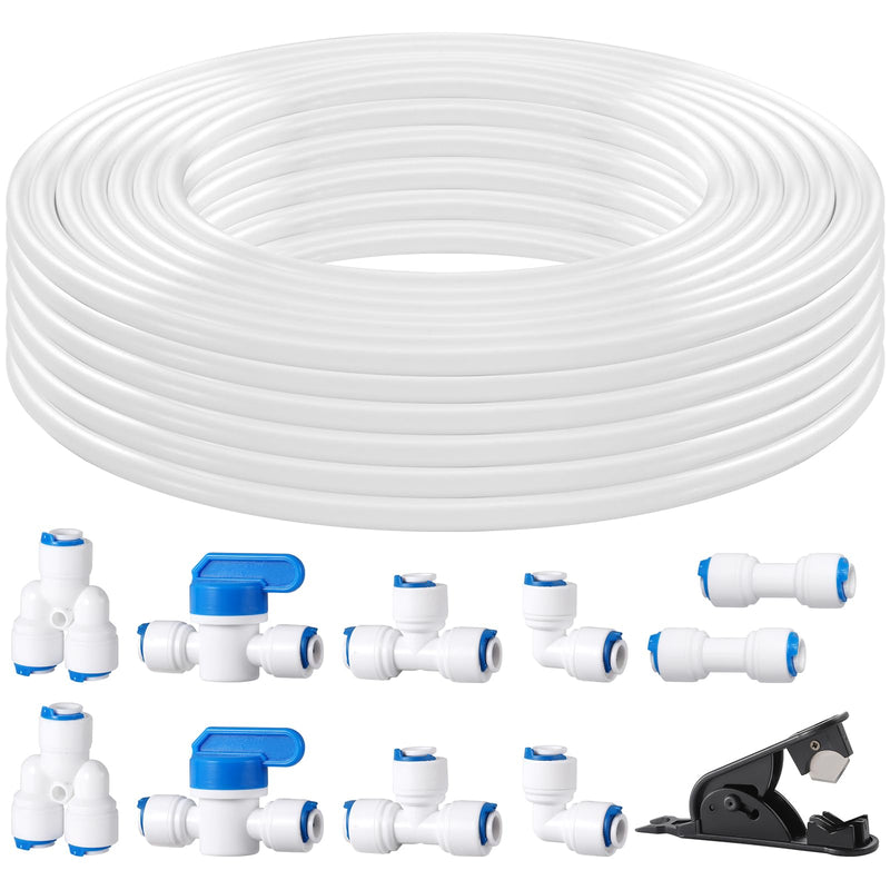 Professional 1/4" OD Tubing Water Line Kit for Refrigerator Ice Makers, 32.8 ft Ice Maker Water Line Kit for RO Water Systems with Fittings(White) 32.8ft White