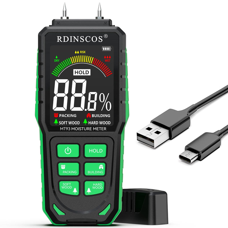 Rechargeable Wood Moisture Meter, Firewood Moisture Tester, Drywall Moisture Detector Professional Moisture Content Meter Lumber Logs Concrete Floors Carpet Ceiling Building Material Hardwood Green