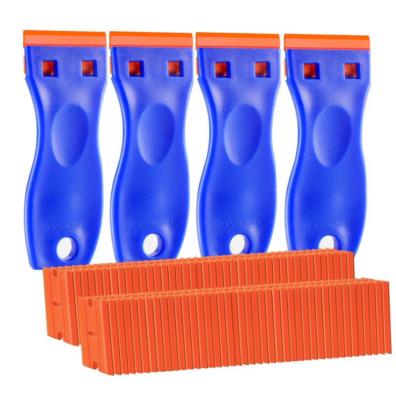 4 PCS Plastic Razor Blade Scraper and 120 PCS Plastic Razor Blades, Cleaning Scraper Tool for Remover, Adhesive, Stickers, Decals, Glass, Labels, Cars Windows Blue