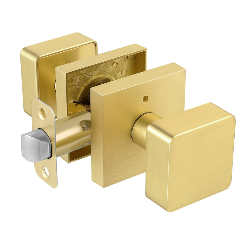 Gold Door Knobs Interior, Satin Brass Privacy Bedroom Interior Door Knob with Lock, Modern Square Brushed Brass Door Handle for Bathroom, Heavy Duty