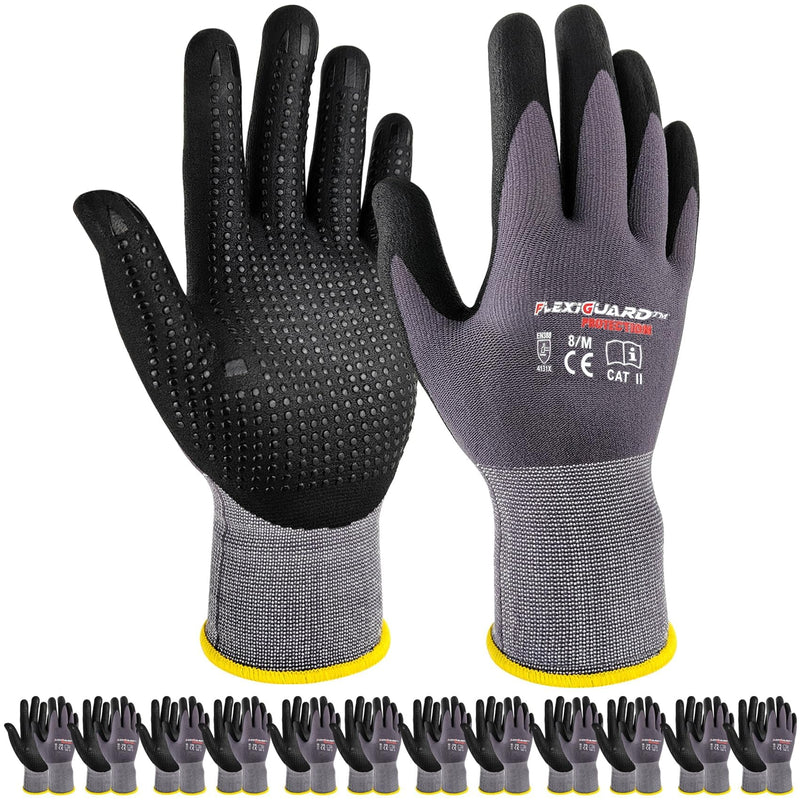Gasoline Safety Work Gloves Extra Micro-Foam Nitrile Coated-12 Pairs,Endurance Seamless Knit Nylon Spandex,Dots on Palm, Dot Grip Gloves，Work Gloves Men and Women (12, L) 12 Large