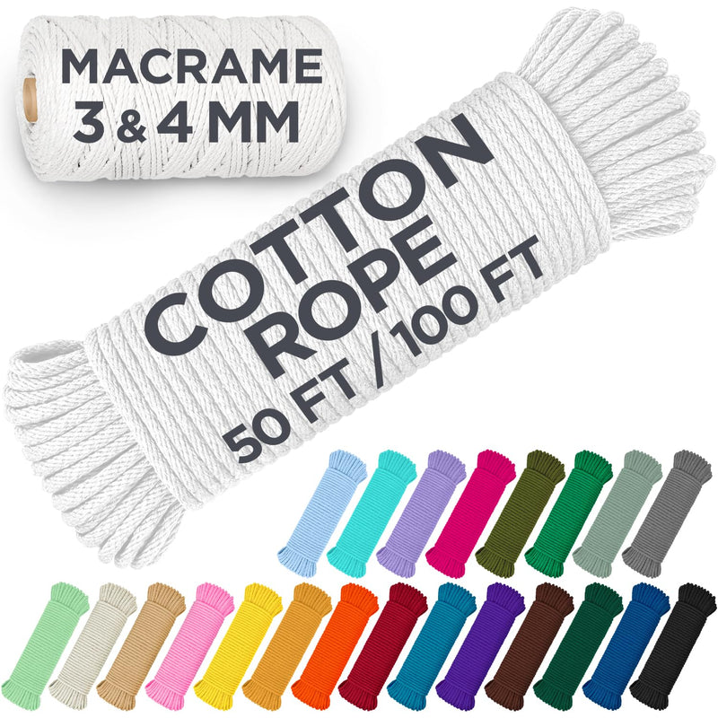TECEUM Cotton Rope 3/16” (5 mm) – 100 FT – Strong All-Purpose Braided Rope – Natural Cotton – for Crafting, Сamping, Clothes Line, DIY, Indoor & Outdoor Use – White 100 feet
