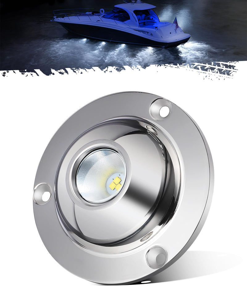 Partsam 1Pcs High-intensity White LED Underwater Light for Marine Boat Yacht Sailboat Pontoons, Submersible Pool Lights, IP68 Waterproof, Stainess Steel Housing, Glass Lens, Surface Mount,10V-30V