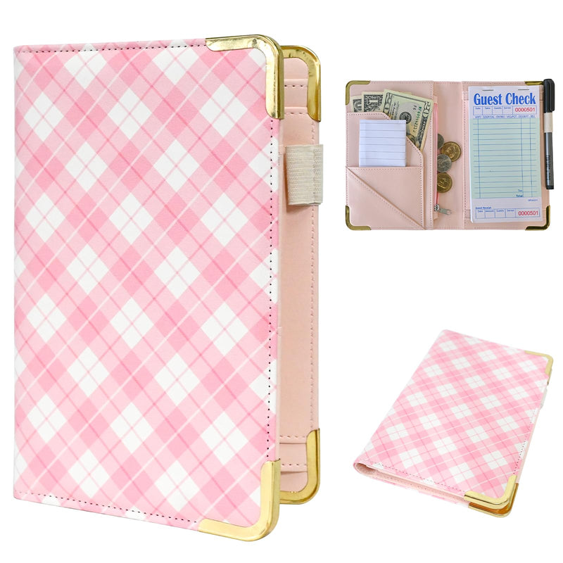 Server Book for Waitress Organizer Wallet for Women Cute, Receipt Holder Presenter 5 Pockets Waiter Accessories (Pink Plaid)