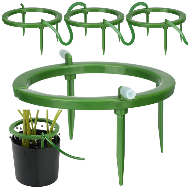 4 Set Hydro Halo Water Ring 5 W 3 Leg Support Drip Emitter Drip Ring with Built in 1/8 in Barbed Inlet Fitting 3 Removable Stakes for Grow Media Irrigation System Rain Watering Plants, Green 5 Inch 4