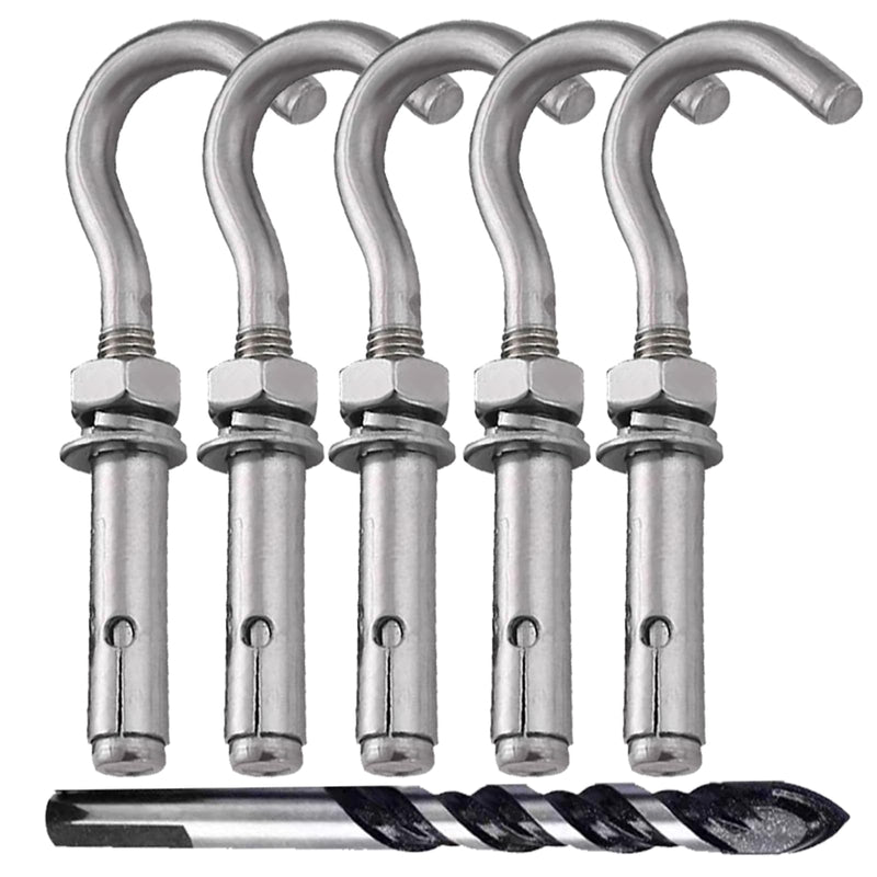 Metal Wall Hangers Heavy Duty Concrete Wall Hooks,304 Stainless Steel Expansion Hooks Outdoor Wall Brackets for Hanging with Drill (M6-5pcs) M6-5pcs